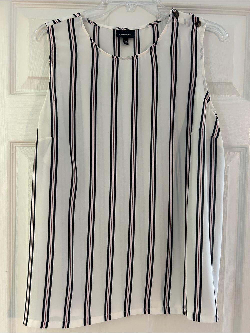 Who What Wear White Sleeveless Tank with Black and Pink Vertical Stripes